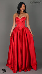 Palais - Red Formal Dress, drop waist gown hand beaded, basque waist corset