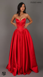 Palais - Red Formal Dress, drop waist gown hand beaded, basque waist corset