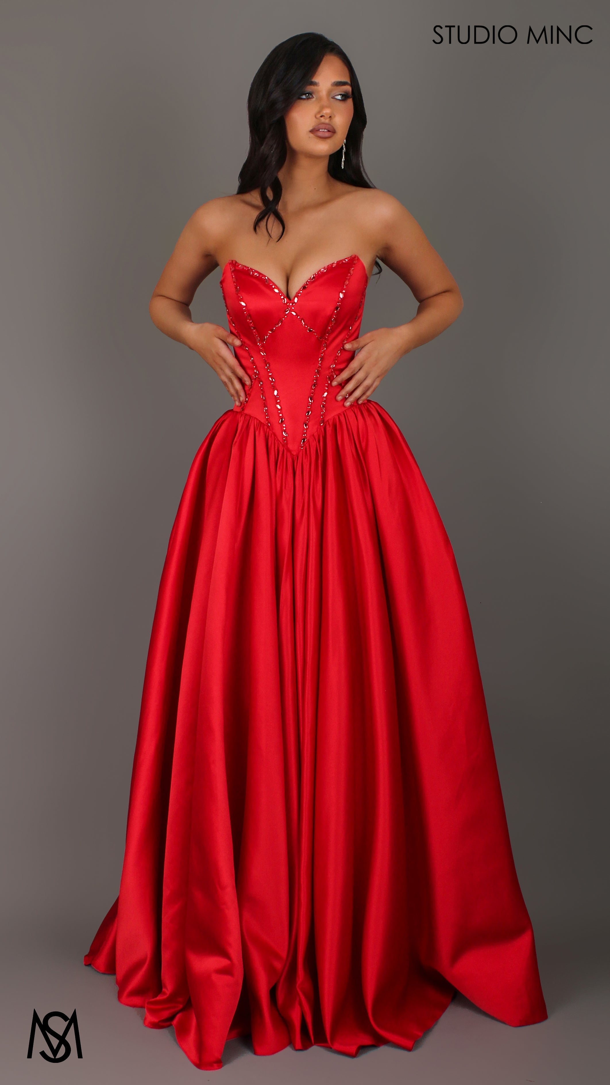 Palais - Red Formal Dress, drop waist gown hand beaded, basque waist corset