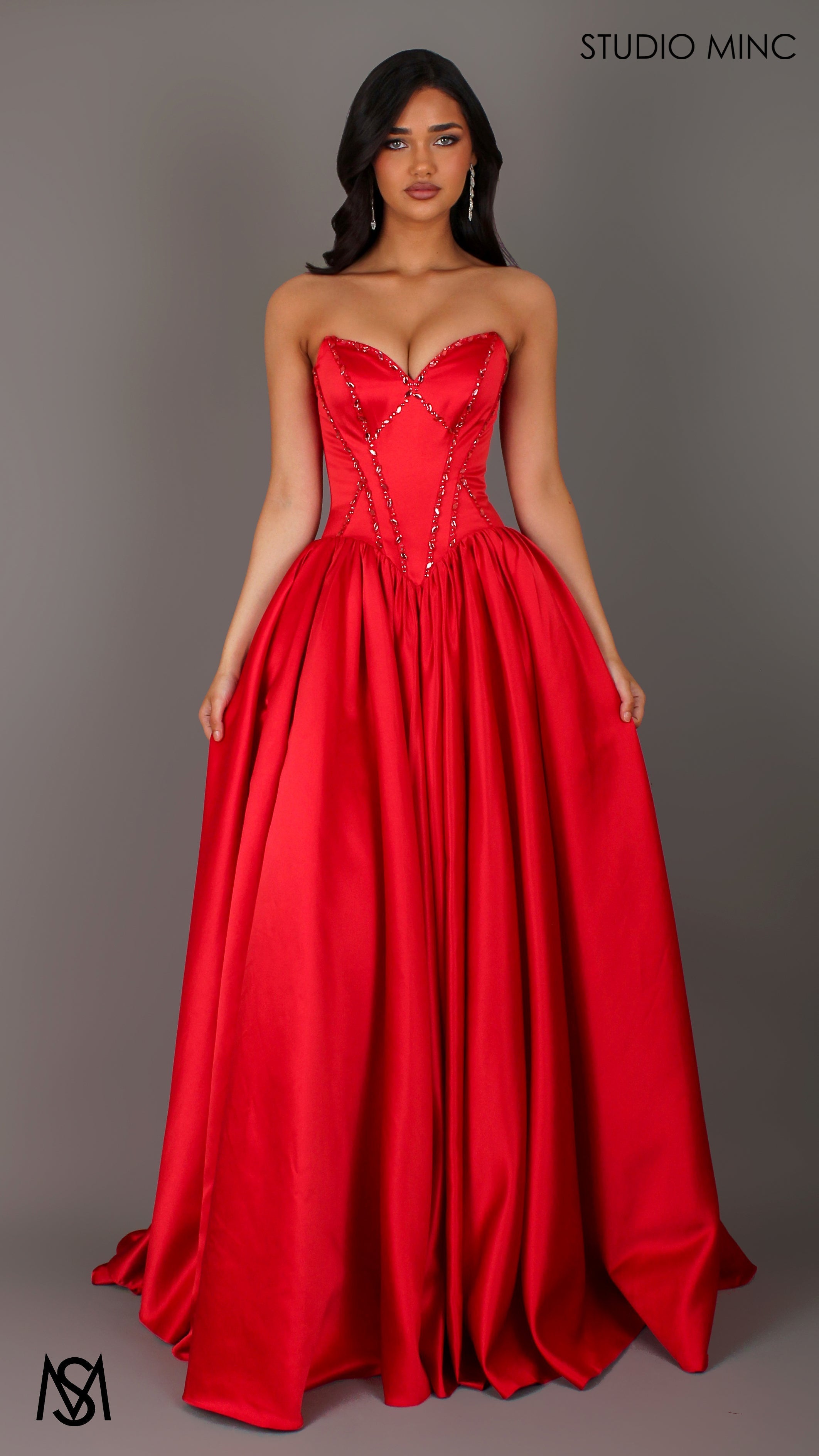 Palais - Red Formal Dress, drop waist gown hand beaded, basque waist corset