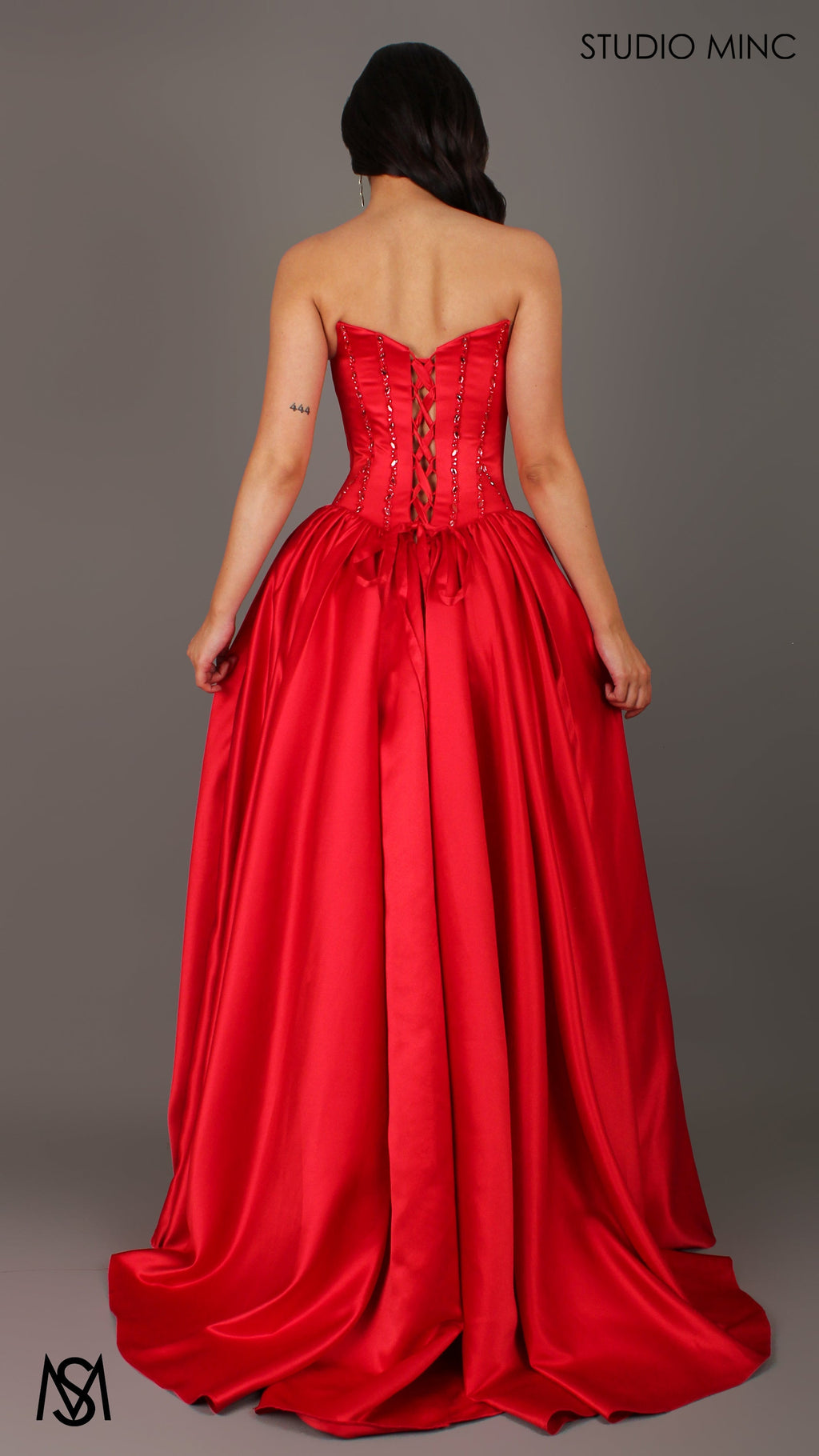 Palais - Red Formal Dress, drop waist gown hand beaded, basque waist corset