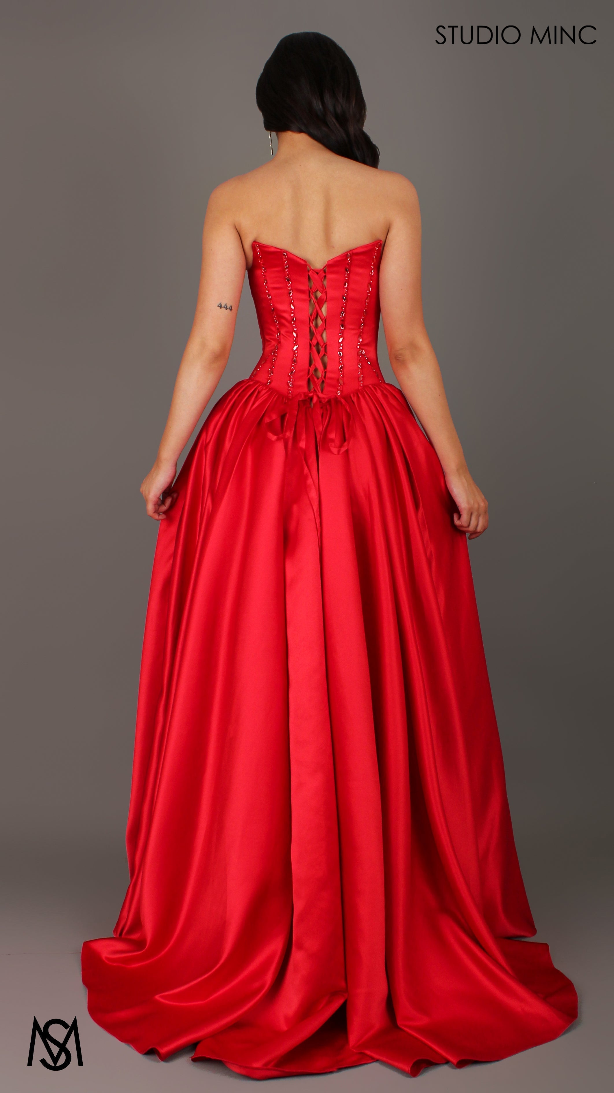 Palais - Red Formal Dress, drop waist gown hand beaded, basque waist corset