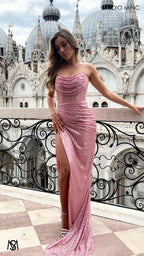 MUSE - Blush Pink Sequin Formal Dress with Strapless Corset & Leg Split