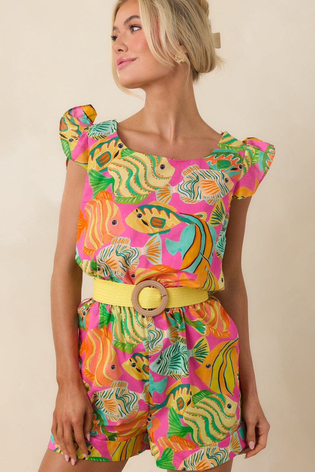 Paradisa Melbourne Pink Multi Cotton Fish Print Romper