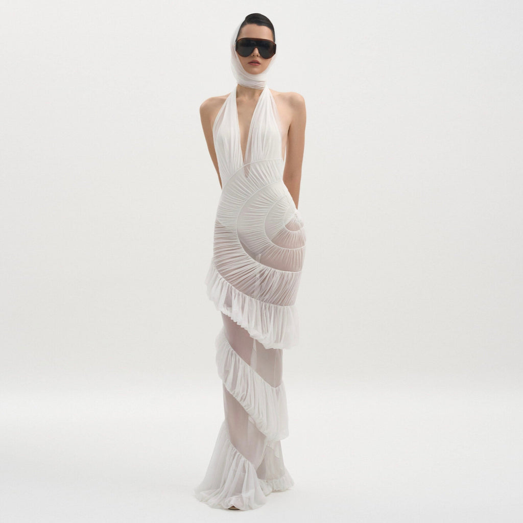 Plot Twist White Sheer Halter Maxi Dress With Built-In Bodysuit