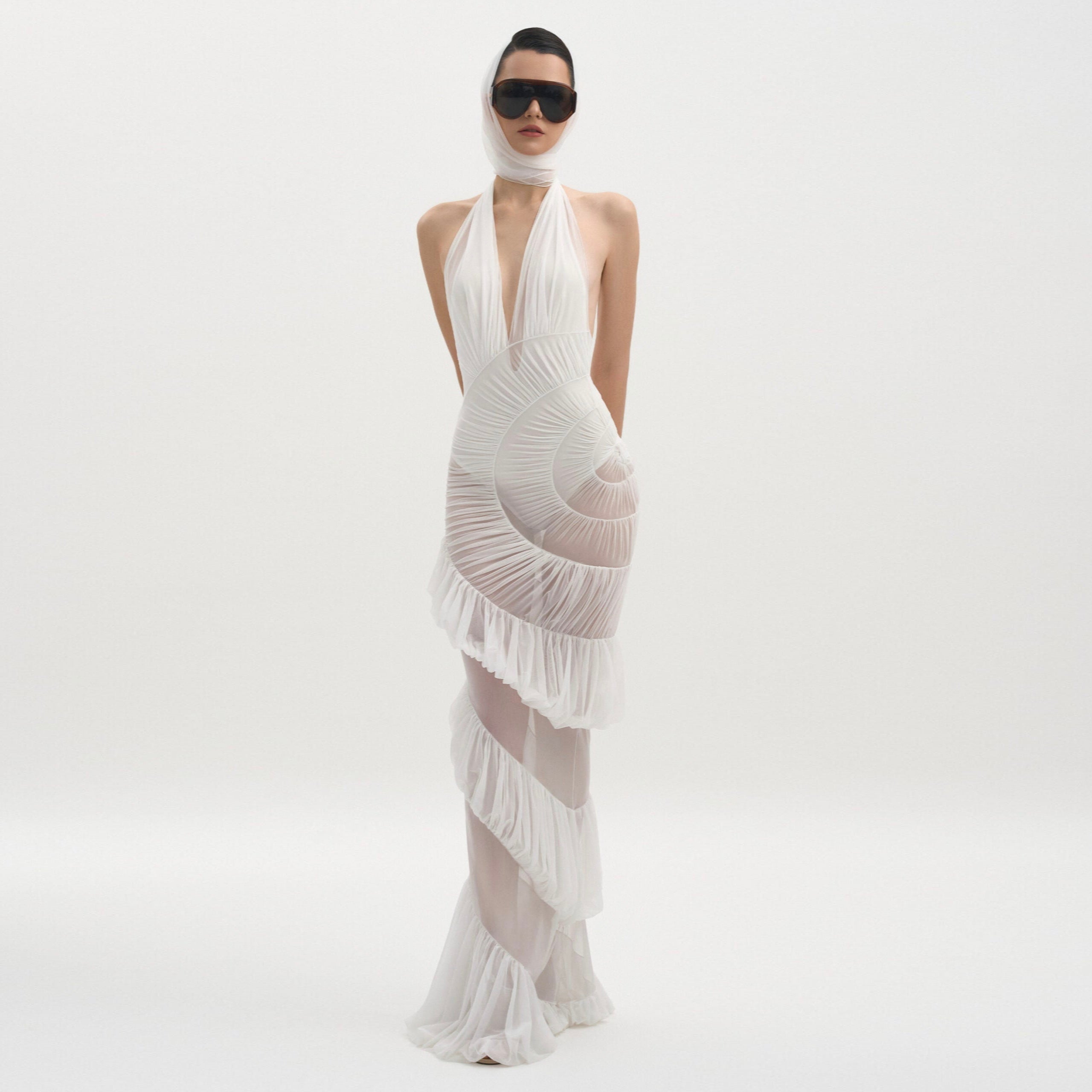 Plot Twist White Sheer Halter Maxi Dress With Built-In Bodysuit