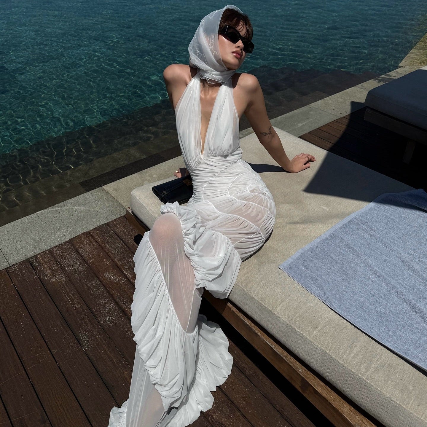 Plot Twist White Sheer Halter Maxi Dress With Built-In Bodysuit