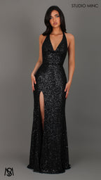 Rendezvous - Black Formal Dress, Sequin and beaded Cowl Plunge halter neck, fitted silhouette high leg slit