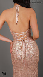 Rendezvous - Rose Gold Formal Dress, Sequin and beaded Cowl Plunge halter neck, fitted silhouette high leg slit