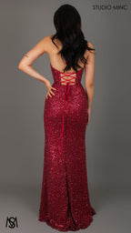 Rendezvous - Cherry Red Formal Dress, Sequin and beaded Cowl Plunge halter neck, fitted silhouette high leg slit