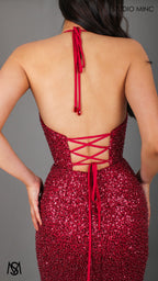 Rendezvous - Cherry Red Formal Dress, Sequin and beaded Cowl Plunge halter neck, fitted silhouette high leg slit