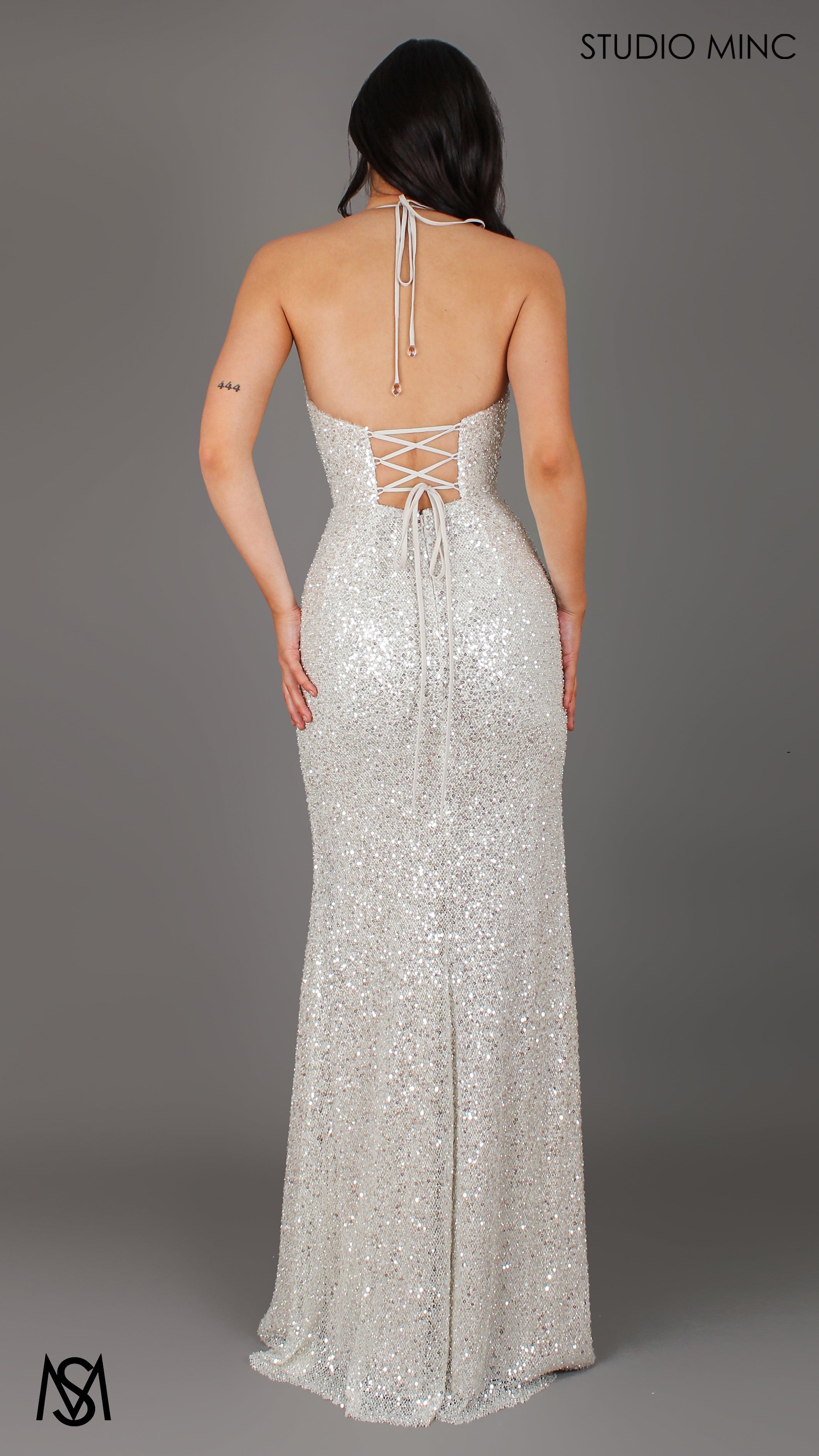 Rendezvous - Silver Formal Dress, Sequin and beaded Cowl Plunge halter neck, fitted silhouette high leg slit