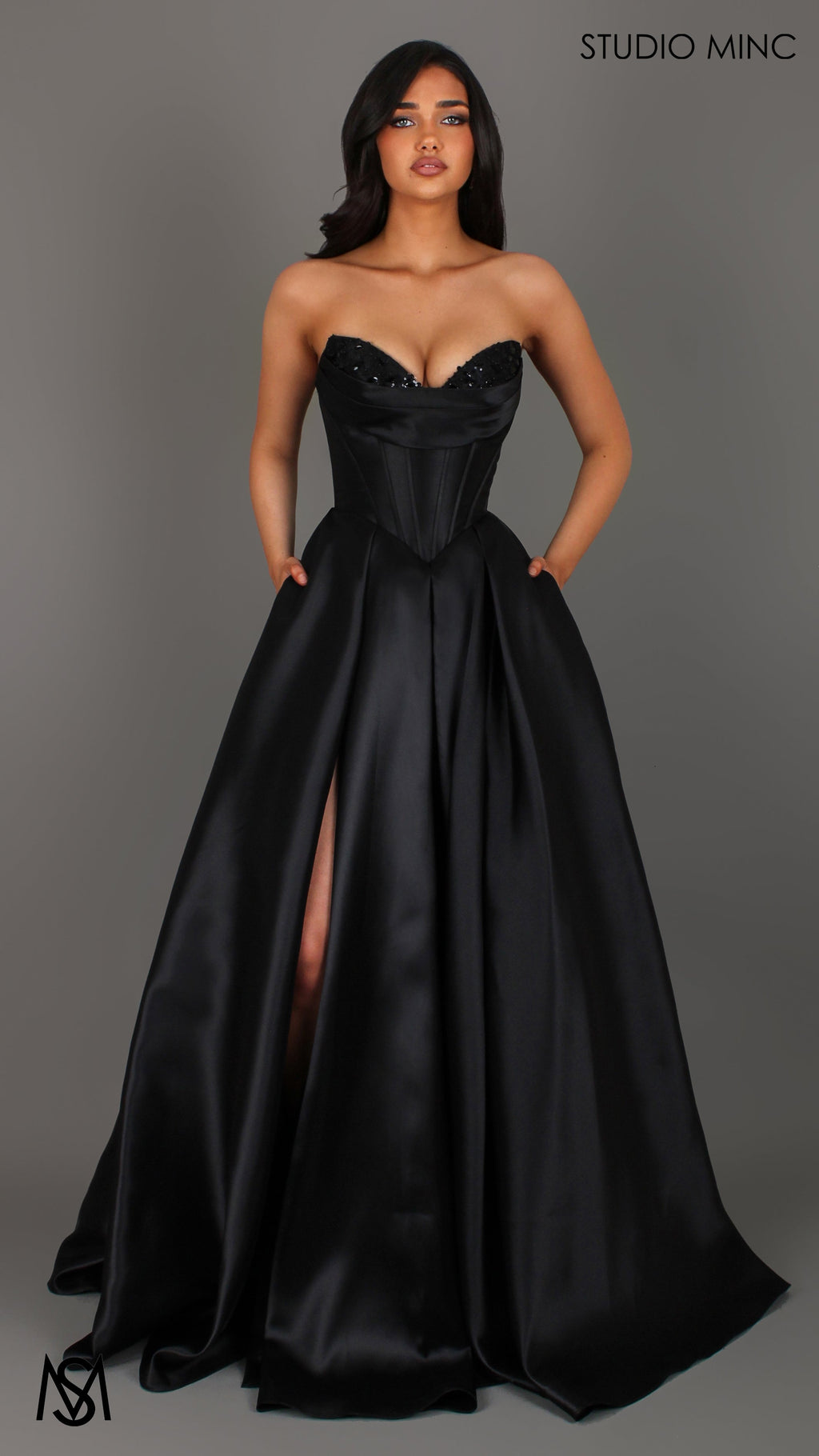 Reverie - Black Formal Dress, Strapless Corset Beaded Bra Cups, Satin Mikado Gown