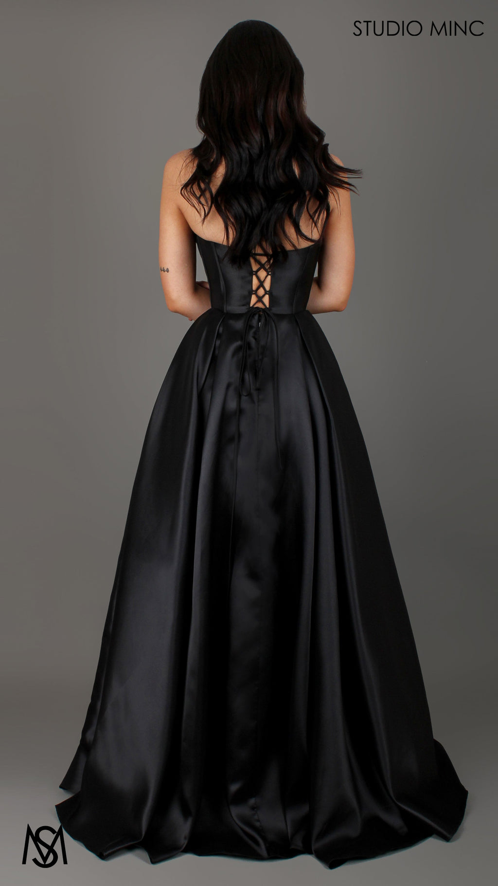 Reverie - Black Formal Dress, Strapless Corset Beaded Bra Cups, Satin Mikado Gown