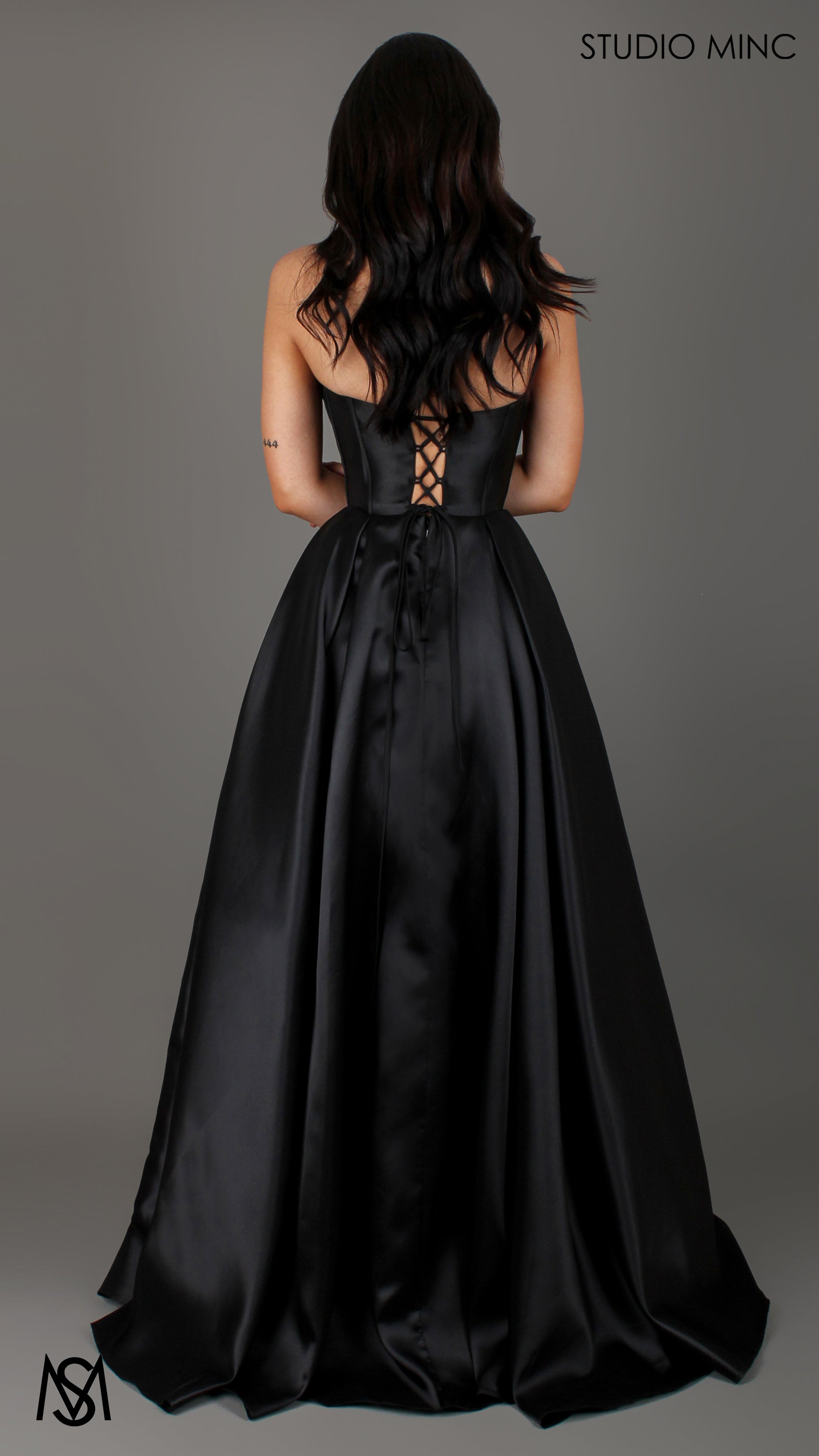 Reverie - Black Formal Dress, Strapless Corset Beaded Bra Cups, Satin Mikado Gown