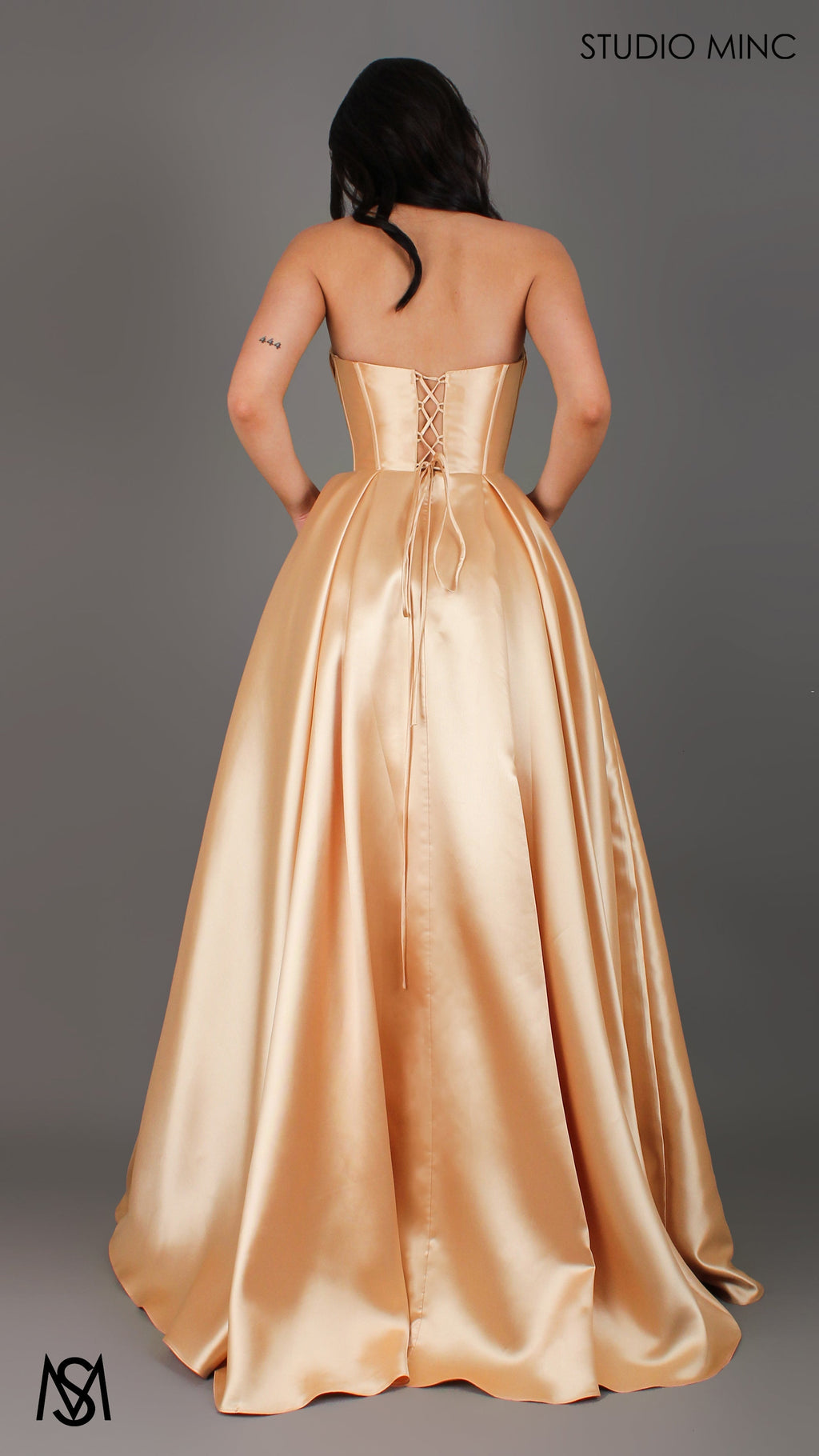 Reverie - Gold Formal Dress, Strapless Corset Beaded Bra Cups, Satin Mikado Gown