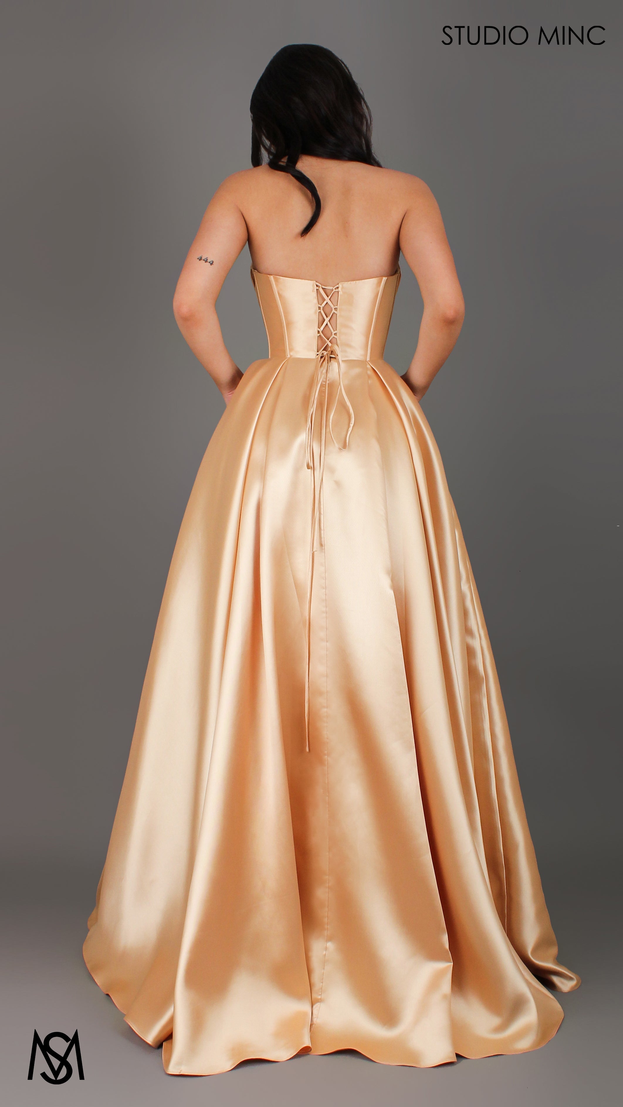 Reverie - Gold Formal Dress, Strapless Corset Beaded Bra Cups, Satin Mikado Gown