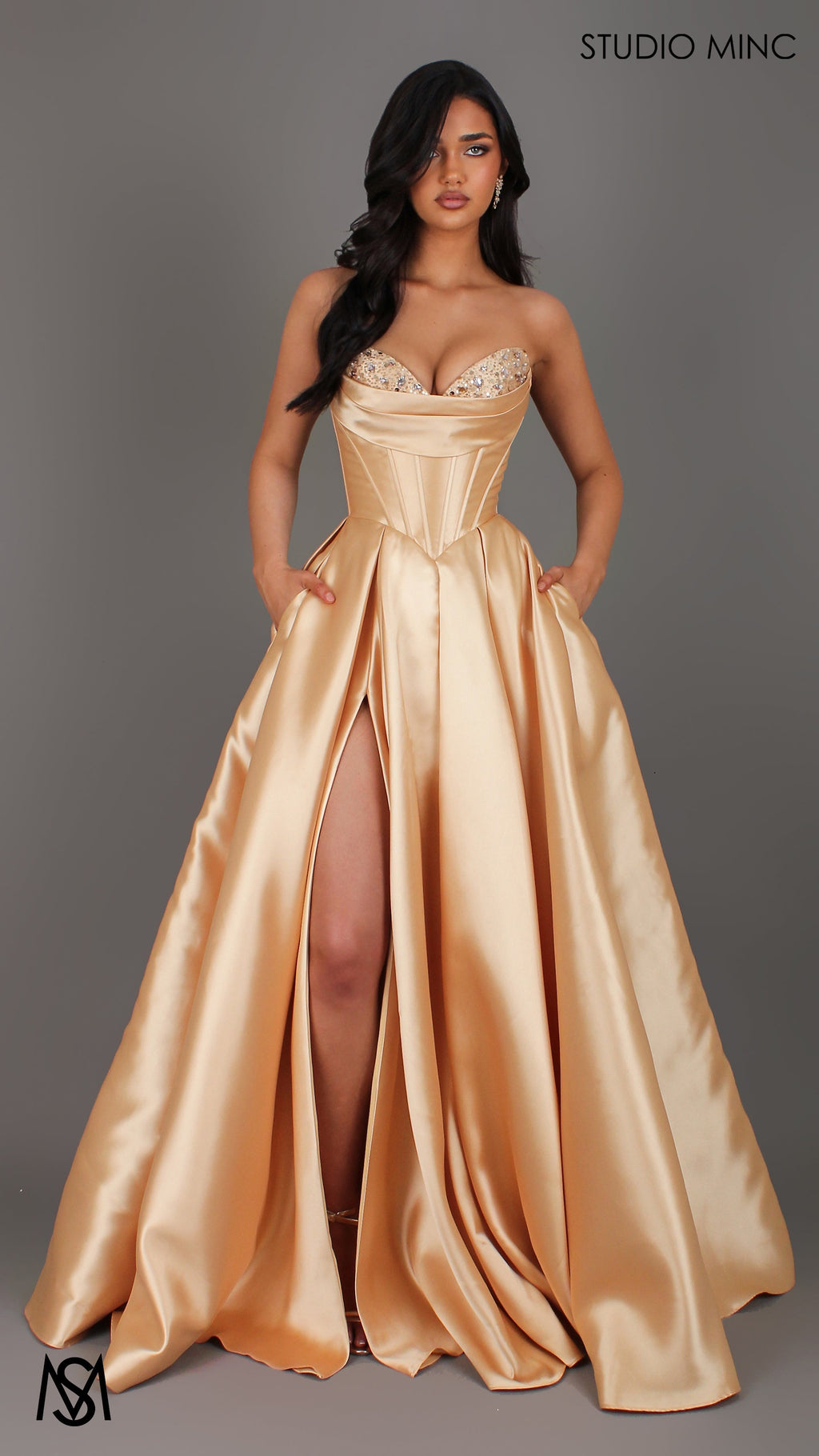 Reverie - Gold Formal Dress, Strapless Corset Beaded Bra Cups, Satin Mikado Gown