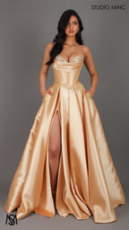 Reverie - Gold Formal Dress, Strapless Corset Beaded Bra Cups, Satin Mikado Gown