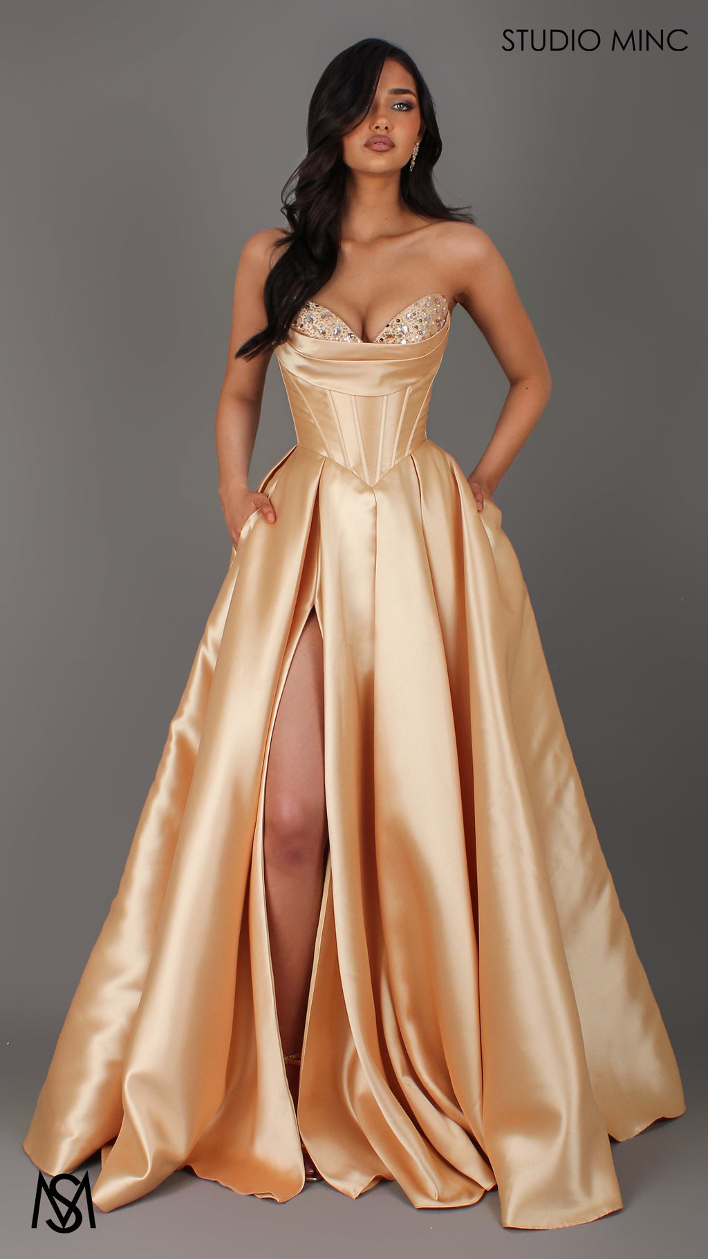 Reverie - Gold Formal Dress, Strapless Corset Beaded Bra Cups, Satin Mikado Gown