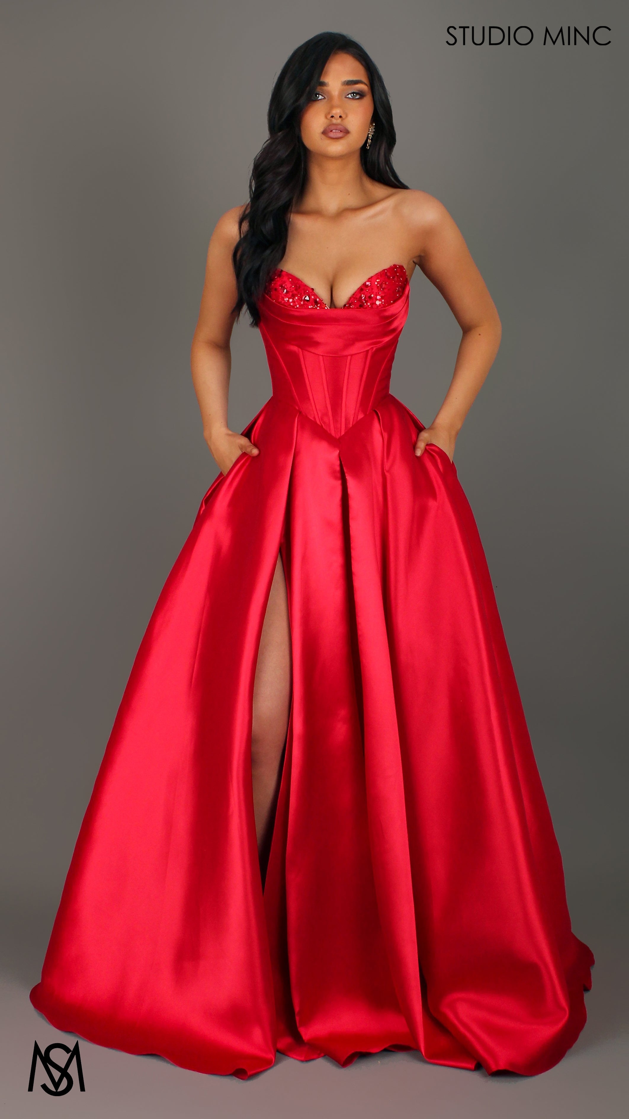Reverie - Red Formal Dress, Strapless Corset Beaded Bra Cups, Satin Mikado Gown
