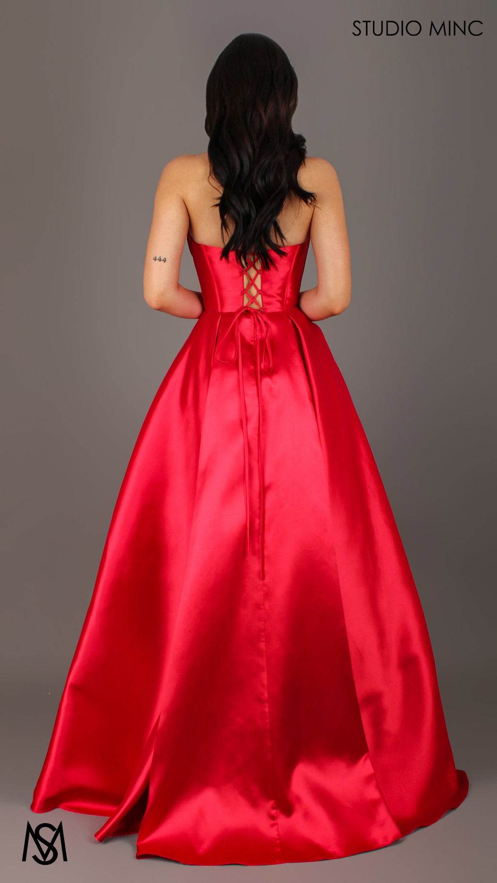 Reverie - Red Formal Dress, Strapless Corset Beaded Bra Cups, Satin Mikado Gown