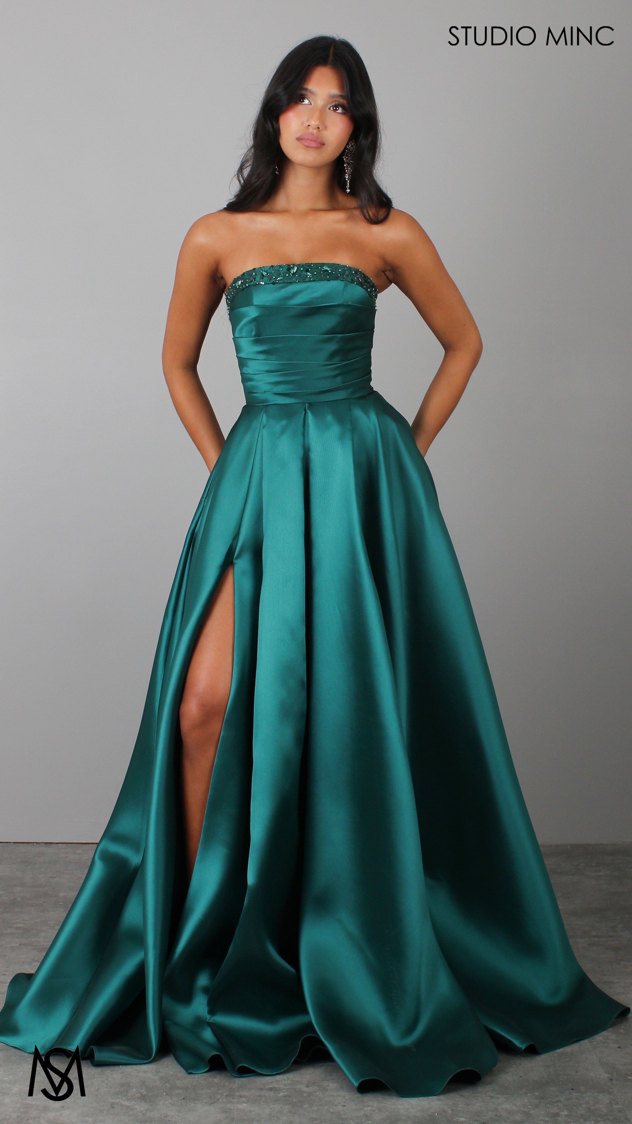 Raven - Emerald Green Formal Dress, Strapless Corset Pleated bodice, embellished neckline Satin Mikado Gown