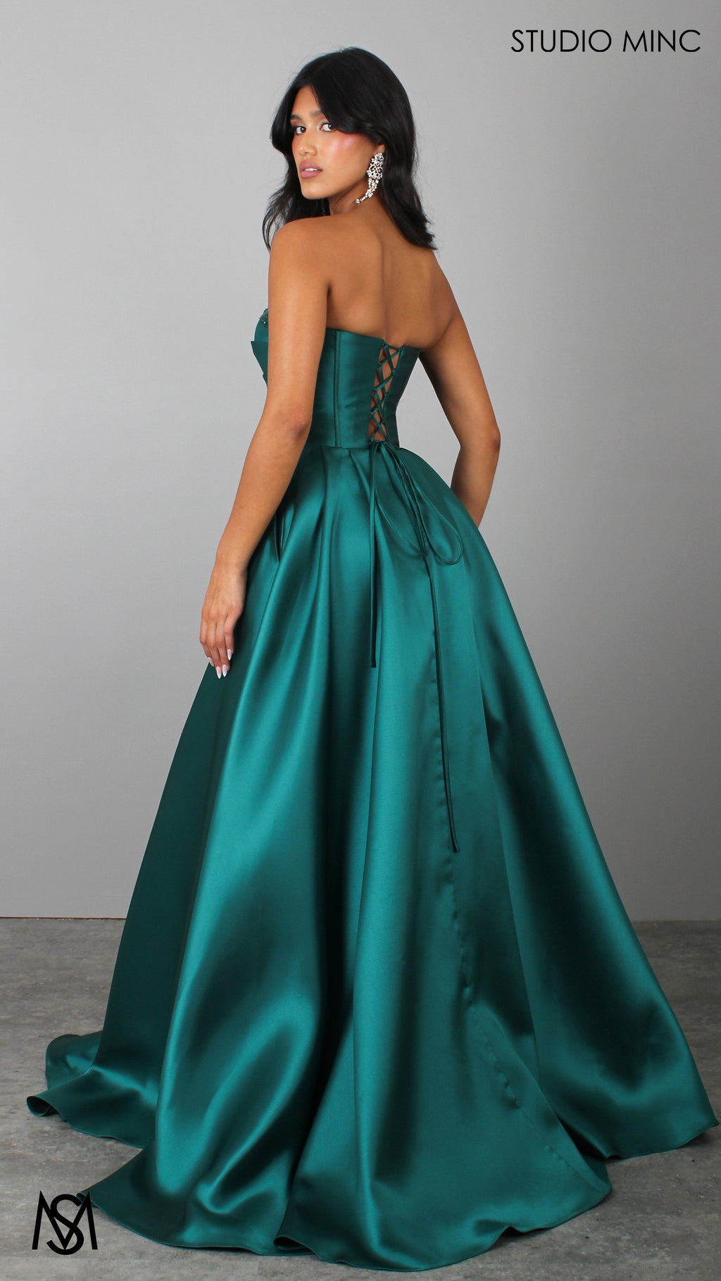 Raven - Emerald Green Formal Dress, Strapless Corset Pleated bodice, embellished neckline Satin Mikado Gown