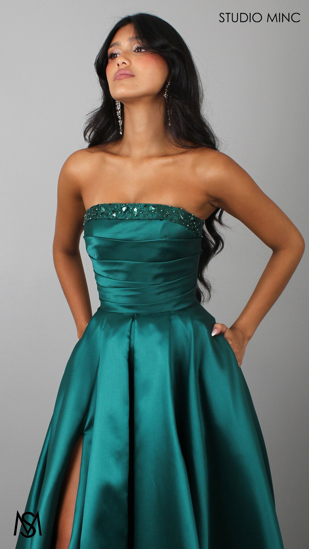 Raven - Emerald Green Formal Dress, Strapless Corset Pleated bodice, embellished neckline Satin Mikado Gown