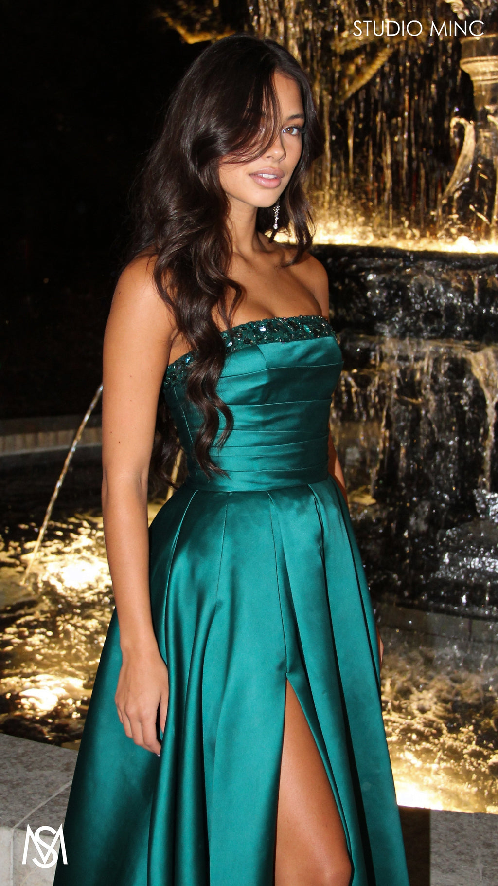 Raven - Emerald Green Formal Dress, Strapless Corset Pleated bodice, embellished neckline Satin Mikado Gown