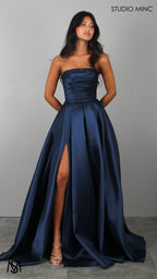 Raven - Navy Blue Formal Dress, Strapless Corset Pleated bodice, embellished neckline Satin Mikado Gown