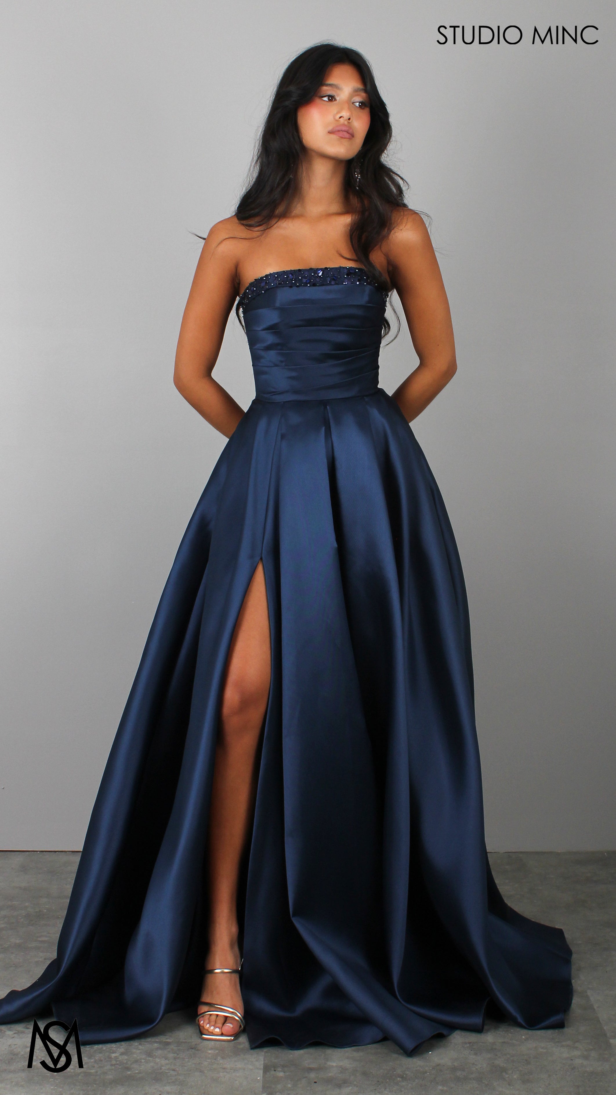 Raven - Navy Blue Formal Dress, Strapless Corset Pleated bodice, embellished neckline Satin Mikado Gown