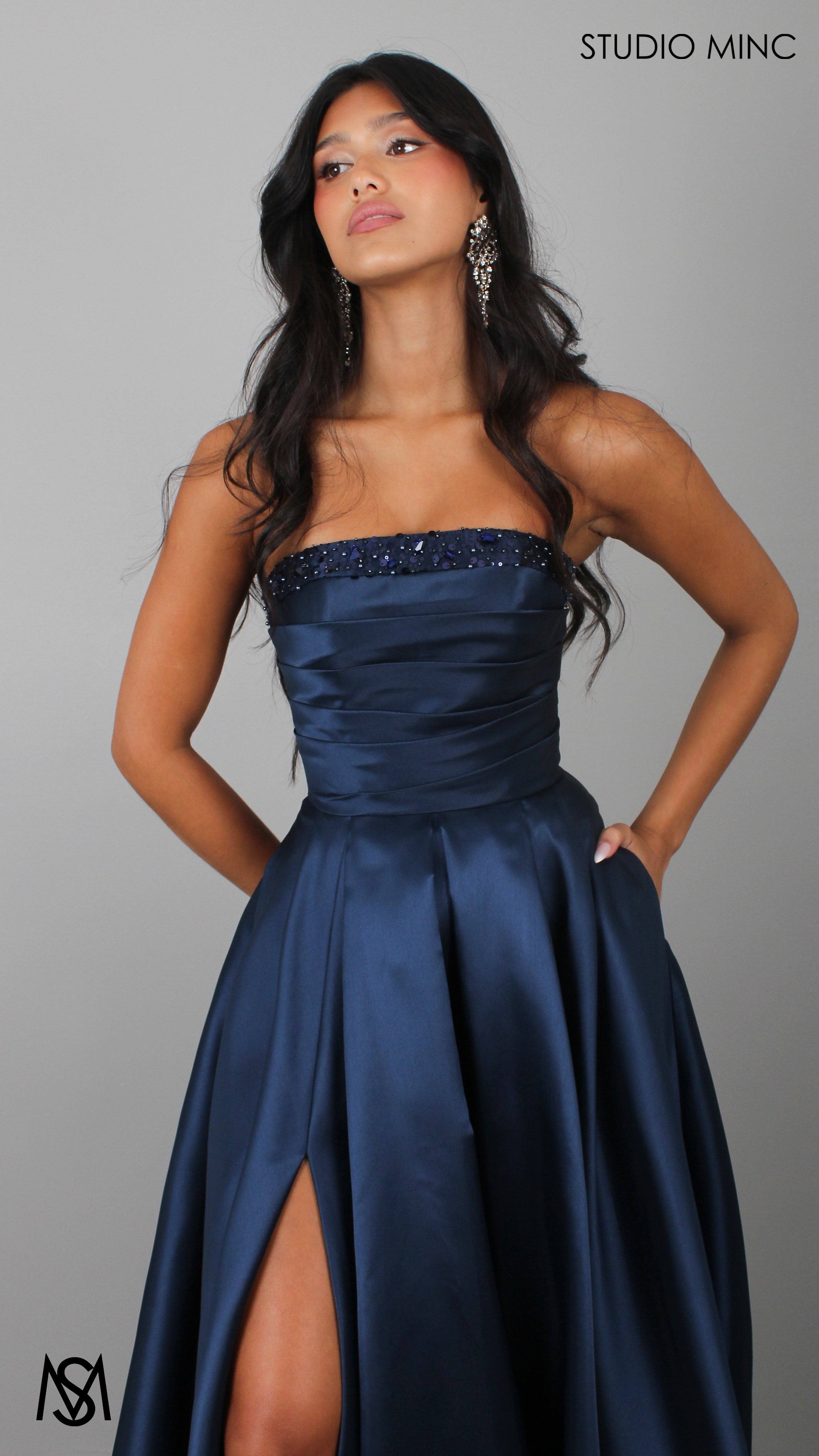 Raven - Navy Blue Formal Dress, Strapless Corset Pleated bodice, embellished neckline Satin Mikado Gown