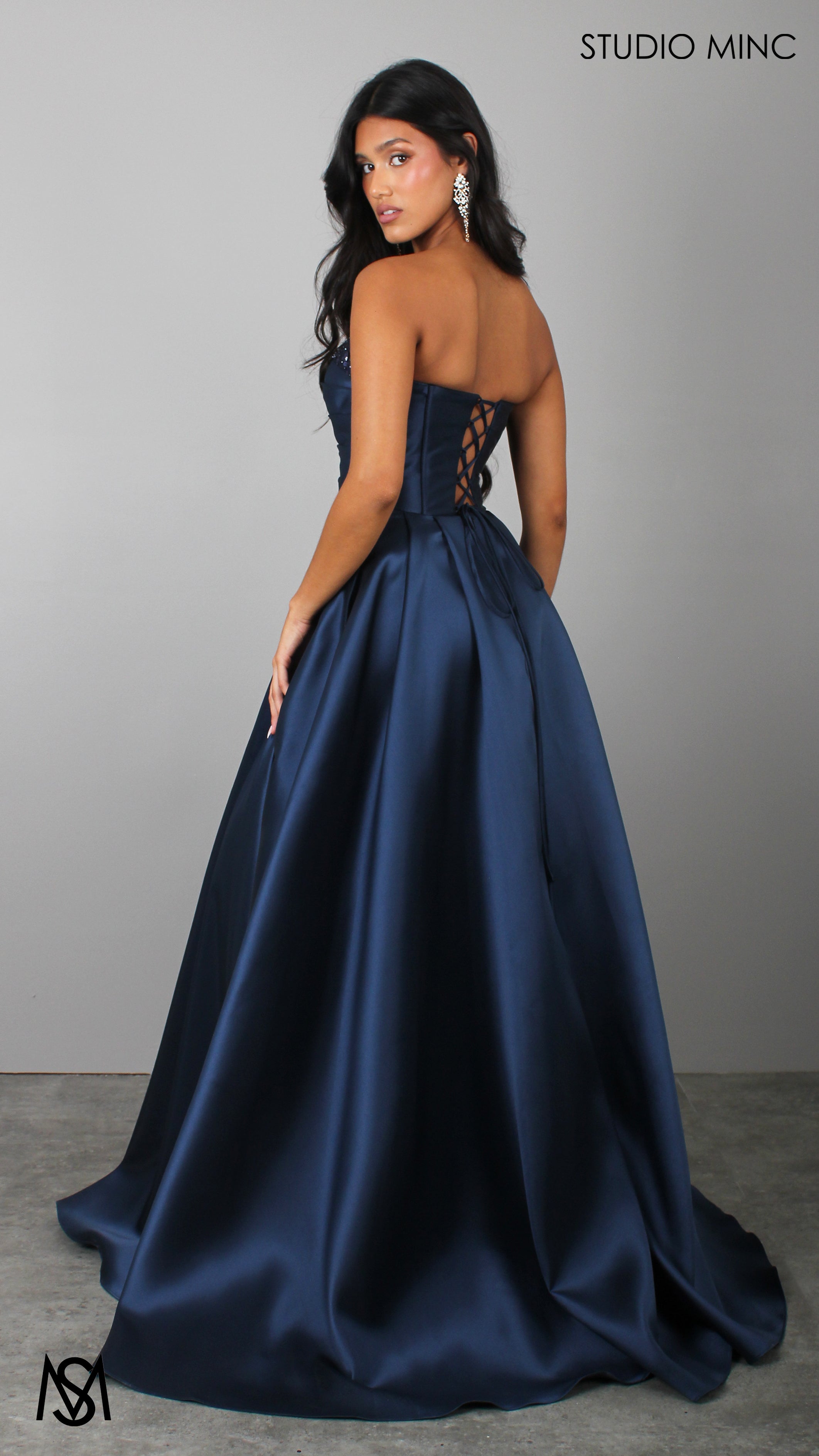 Raven - Navy Blue Formal Dress, Strapless Corset Pleated bodice, embellished neckline Satin Mikado Gown