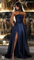 Raven - Navy Blue Formal Dress, Strapless Corset Pleated bodice, embellished neckline Satin Mikado Gown