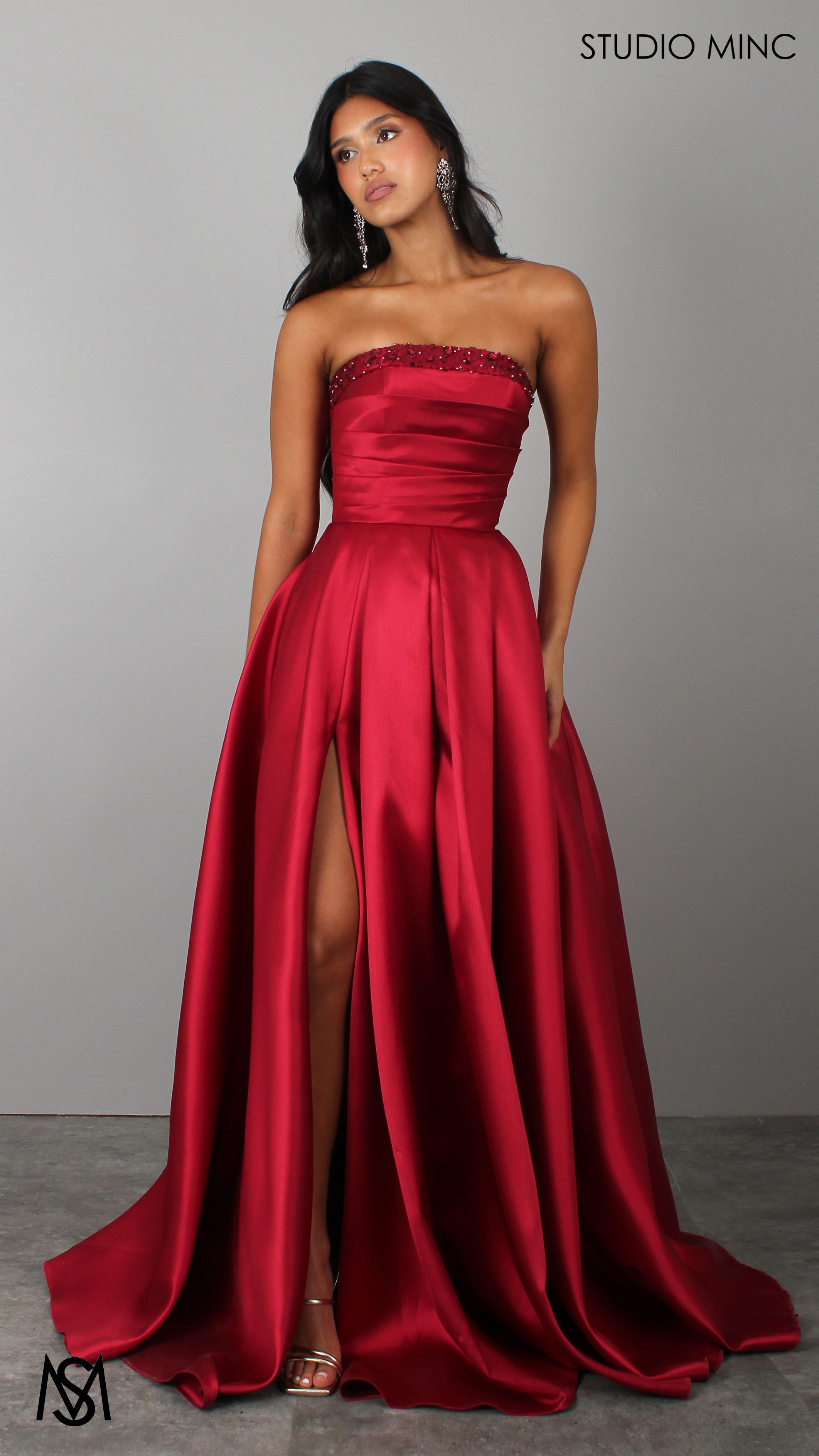 Raven - Cherry Red Formal Dress, Strapless Corset Pleated bodice, embellished neckline Satin Mikado Gown