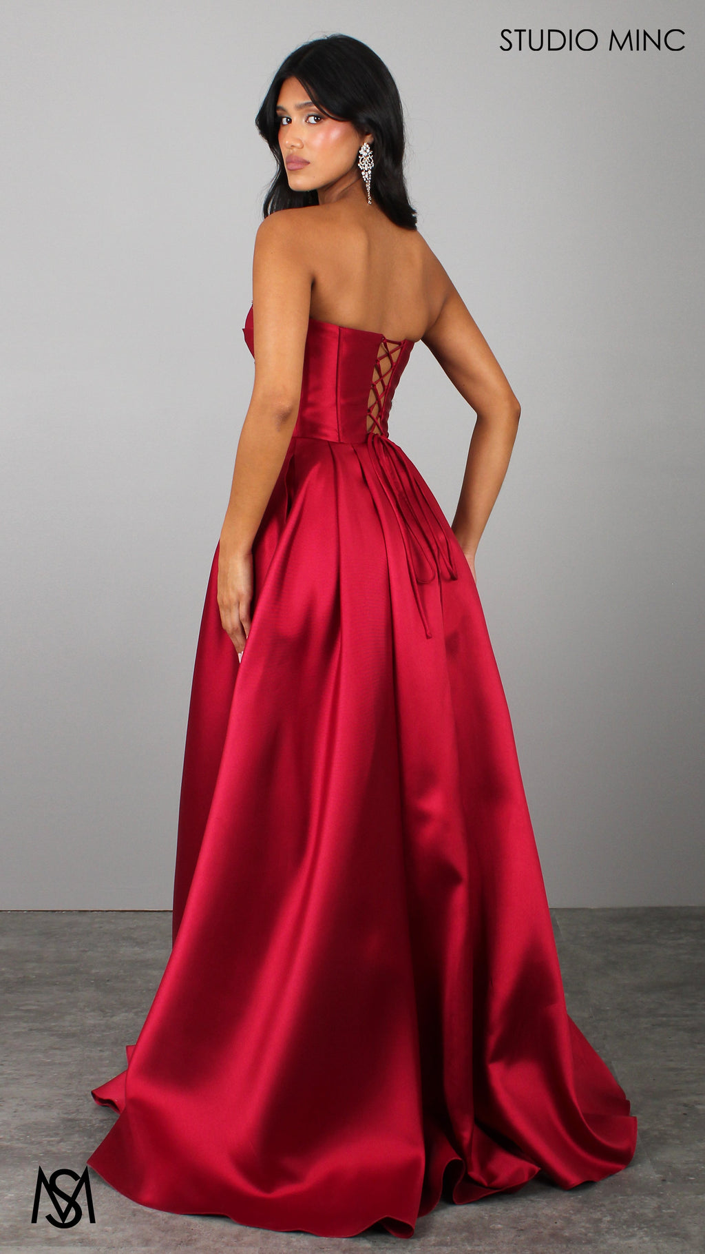 Raven - Cherry Red Formal Dress, Strapless Corset Pleated bodice, embellished neckline Satin Mikado Gown