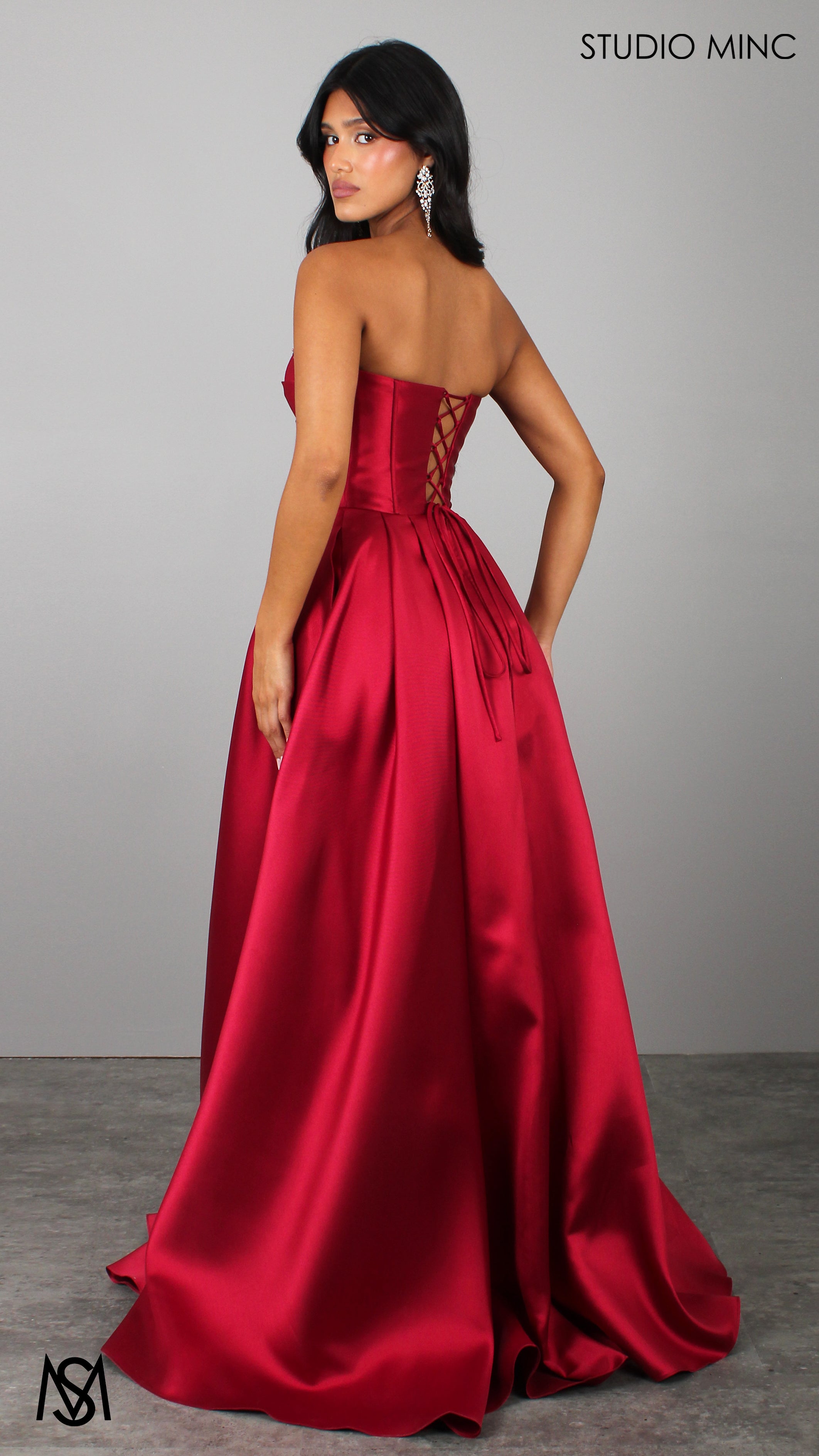 Raven - Cherry Red Formal Dress, Strapless Corset Pleated bodice, embellished neckline Satin Mikado Gown