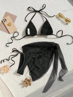 Three-piece bikini swimwear set in four colors from 64b136-1e, featuring a top, bottom, and cover-up with stylish design.