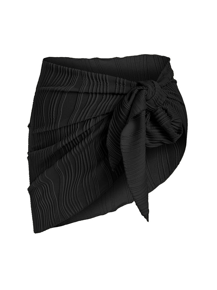 Sheer bikini wrap skirt in three colors, lightweight swimwear cover-up with a flowy design and adjustable waistband.