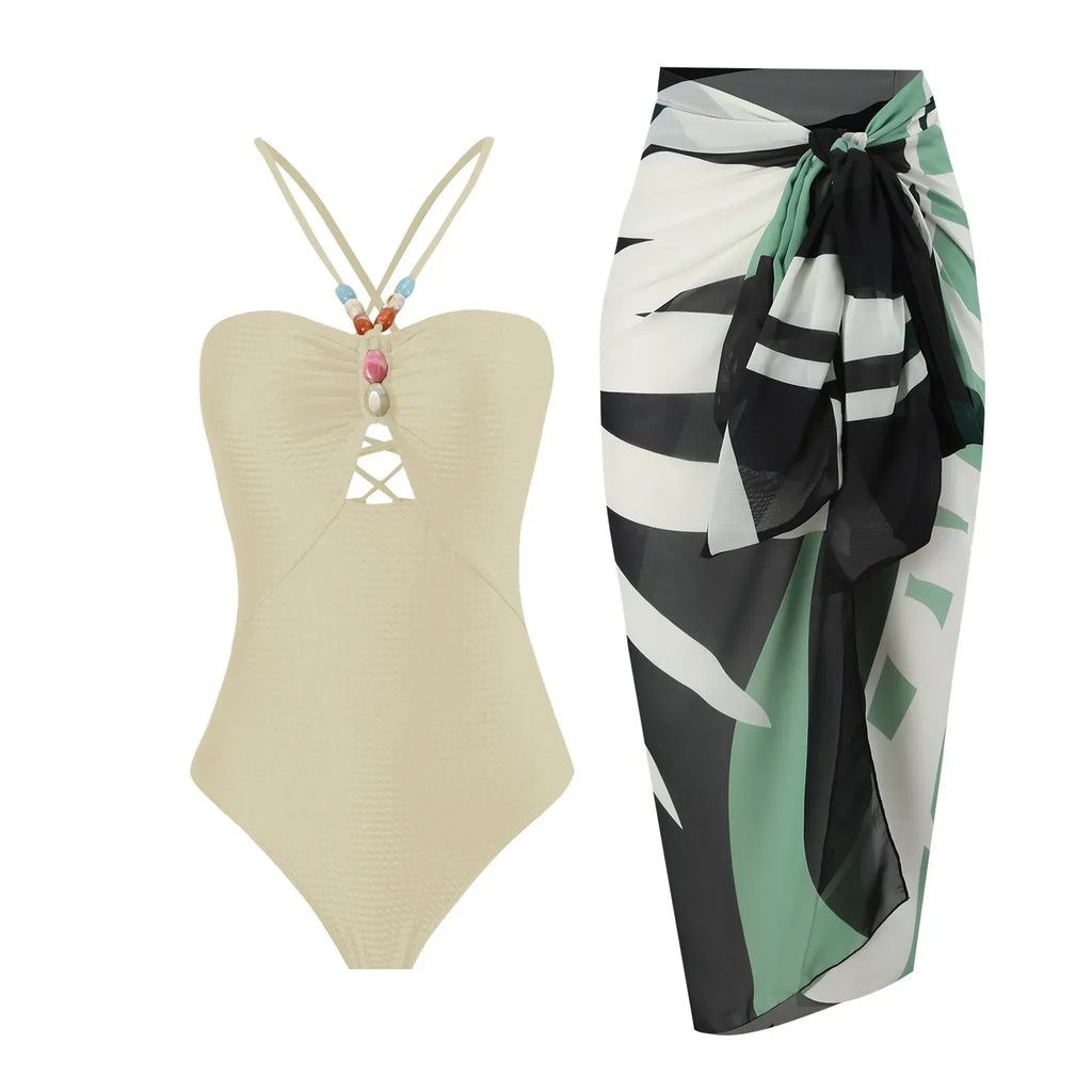 One Piece Retro Swimwear with matching skirt - multiple prints