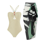 Retro one-piece swimwear with matching skirt in various prints, featuring a stylish and colorful design by 64b136-1e.