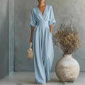 Helena | V-Neck Chiffon/Linen Blend Wide-Leg Jumpsuit Sky Blue
