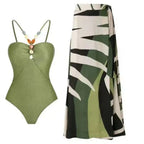 Bright one-piece retro swimwear with matching skirt by 64b136-1e featuring colorful prints and vintage-inspired design.