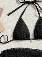 Three-piece bikini swimwear set by 64b136-1e in four colors, featuring a top, bottom, and cover-up for beachwear.