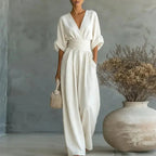 Helena V-Neck Chiffon/Linen Blend Jumpsuit