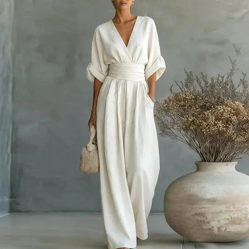 Helena V-Neck Chiffon/Linen Blend Jumpsuit