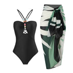 Retro one-piece swimwear with matching skirt in various prints, by 64b136-1e, shown in vibrant patterns on a model.