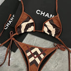 Boho bikini imitation 2-piece swimwear set with floral patterns and adjustable straps, designed for a stylish beach look.