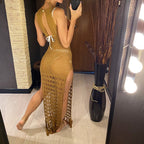 Tassel knitted crochet beach cover-up dress by 64b136-1e, featuring a lightweight swimwear tunic with tassel details and open weave design.